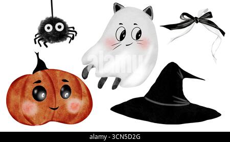 Ensemble d'aquarelles d'Halloween. Illustrations dessinées à la main de dessins animés de la fête. Clip art de fantômes et de citrouilles. Parfait pour les cartes d'Halloween. Banque D'Images