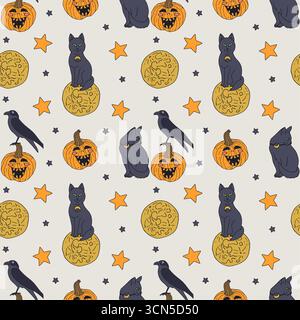 Modèle sans couture avec des chats noirs sorciers d'Halloween dessinés à la main mignons Illustration de Vecteur