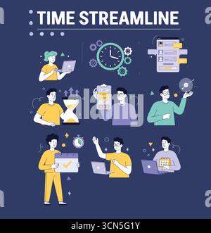 Ensemble de gestion du temps. Personnages utilisant des outils de planification pour gérer, prioriser, déléguer des tâches. Concept d'entreprise et d'organisation. Illustration vectorielle. Illustration de Vecteur