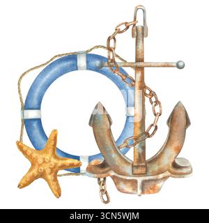 Ancre, bouée de sauvetage et étoile de mer. Illustration à l'aquarelle dessinée à la main des attributs de thèmes marins sur fond isolé. Composition sur le thème nautique Banque D'Images