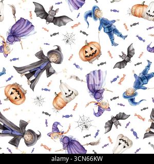 Trick ou friandise de motif sans couture pour Halloween. Répéter l'arrière-plan avec le sorcier, la fée ou la sorcière sur un balai, araignée et citrouille, bonbons. Dessiné à la main Banque D'Images