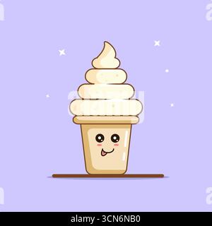 Mignon vanille Soft serve Cone crème glacée dessin animé Kawaii Vector illustration Flat Design Illustration de Vecteur