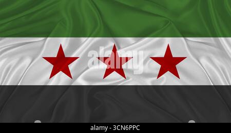 Drapeau de Syrie avec texture de tissu. Gros plan du drapeau syrien agitant Banque D'Images