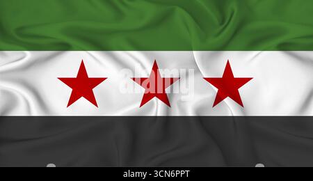 Drapeau syrien réaliste agitant. Gros plan du drapeau de Syrie avec texture de tissu Banque D'Images