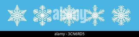 Cinq flocons de neige blancs sur fond bleu. Flocons de neige de différentes formes. Illustration de Vecteur