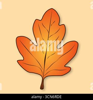 Orange-jaune, simple feuille d'automne d'un arbre avec une ombre sur un fond beige. Illustration de Vecteur