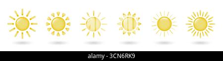 Un ensemble de soleils de dessin animé. Six icônes de soleil, avec une ombre et différents rayons sur un fond blanc. Illustration de Vecteur