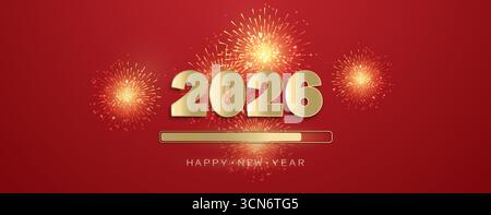 Fond du réveillon du nouvel an avec inscription dorée 2026 et feux d'artifice sur fond rouge. Illustration de Vecteur