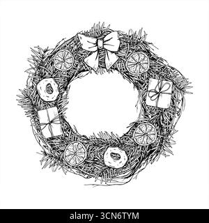 Couronne de pin décorée cadeaux, tranches de fruits secs et illustration vectorielle monochrome d'arc noué peinte par des encres noires. Dessin de contour de décor de Noël Illustration de Vecteur
