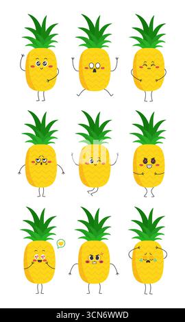 Ensemble emoji mascotte ananas. Ensemble d'icônes de personnage d'ananas de dessin animé mignon. Illustration vectorielle Illustration de Vecteur
