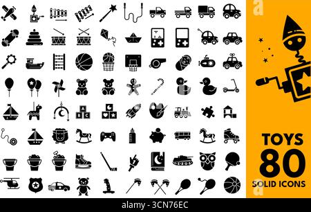 80 jouets pour enfants, jeux d'enfants, articles pour bébé, ensemble d'icônes solides noires vectorielles. Illustration de Vecteur