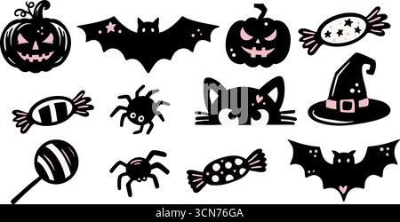 Rétro Halloween Vintage fantaisiste Spooky Clipart Icon Print Set WithPumpkin, chat, bonbons, chauve-souris, chapeau de sorcière et araignée Illustration de Vecteur