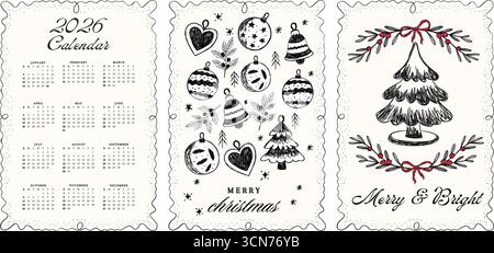 2026 Doodle Sketch affiche de voeux du nouvel an et ensemble de cartes avec calendrier, arbre, ornements et vecteur de décoration des fêtes Illustration de Vecteur