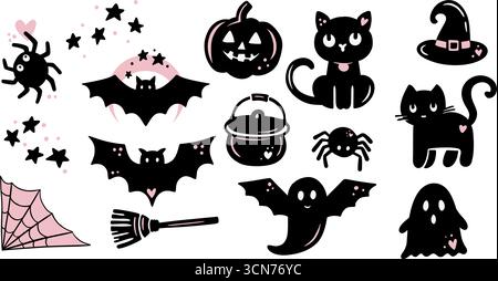 Rétro Halloween Vintage fantaisiste Clipart Spooky Icon Print Set avec chat, fantôme, chauve-souris, araignée, citrouille et Chaudron Illustration de Vecteur