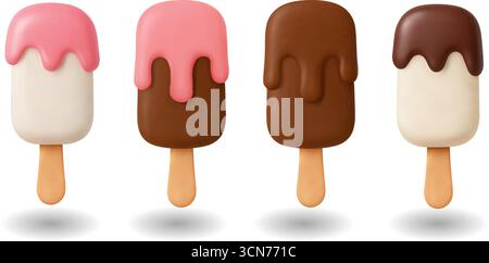 3D Ice Cream Popsicles Flat Summer Icon Realistic Vector Set Frozen dessert Cream Nopping Sweets Illustration de Vecteur