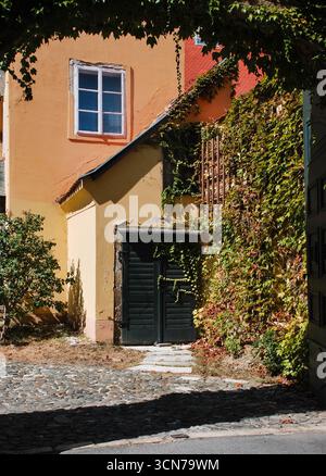 Zagreb, Croatie - 28 août 2012 - pittoresque maison jaune avec porte verte et lierre dans la cour ensoleillée. Banque D'Images
