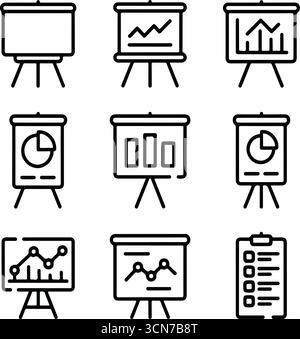 Ensemble d'icônes de présentation d'affaires noir et blanc avec des graphiques, des graphiques et des infographies Illustration de Vecteur