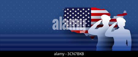 Fond militaire des forces armées AMÉRICAINES - saluant la silhouette des officiers et le drapeau des États-Unis sur fond bleu abstrait avec des étoiles et des rayures - vecteur illustrati Illustration de Vecteur