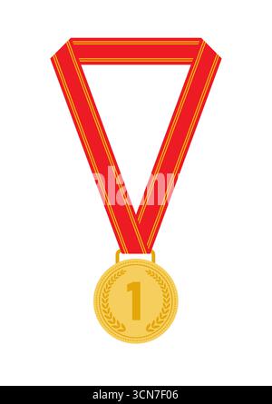 Médaille d'or avec ruban rouge. Médaille du vainqueur du sport. Champion et concept gagnant. Illustration vectorielle. Illustration de Vecteur