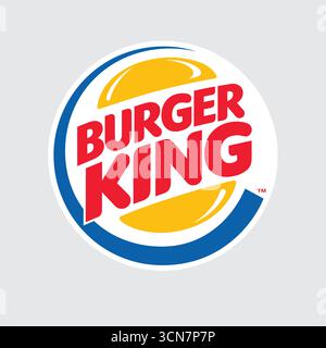Logo Burger King aux couleurs éclatantes avec contour jaune et bleu encerclant le texte rouge « BURGER KING » et un symbole de marque Illustration de Vecteur