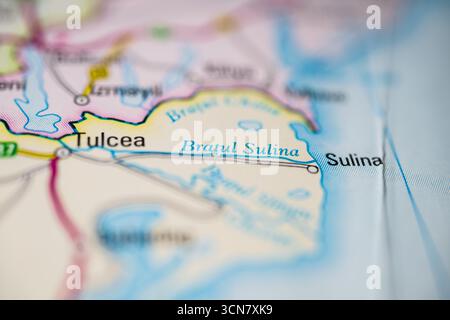 Macro de carte détaillée de Sulina et Tulcea Banque D'Images