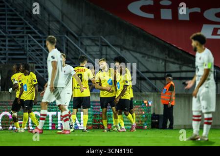Lier, Belgique. 19 septembre 2025. Les joueurs de Lierse célèbrent après avoir marqué lors d'un match de football entre Lierse SK et RWDM Bruxelles, vendredi 19 septembre 2025 à lier, le jour 6 de la deuxième division 2025-2026 'Challenger Pro League' 1B du championnat belge. BELGA PHOTO DAVID PINTENS crédit : Belga News Agency/Alamy Live News Banque D'Images