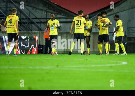 Lier, Belgique. 19 septembre 2025. Les joueurs de Lierse célèbrent après avoir marqué lors d'un match de football entre Lierse SK et RWDM Bruxelles, vendredi 19 septembre 2025 à lier, le jour 6 de la deuxième division 2025-2026 'Challenger Pro League' 1B du championnat belge. BELGA PHOTO DAVID PINTENS crédit : Belga News Agency/Alamy Live News Banque D'Images