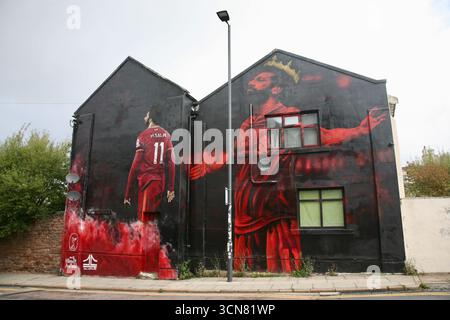 Mo Salah mural, Anfield, Liverpool, Merseyside, Royaume-Uni. Banque D'Images
