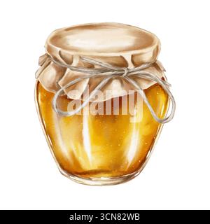 Aquarelle illustration pot en verre rempli de miel doré recouvert de papier kraft et attaché avec de la ficelle dans un style rustique. pour l'emballage de cosmétiques de marque alimentaire produits à base de plantes et promotions saisonnières. Banque D'Images