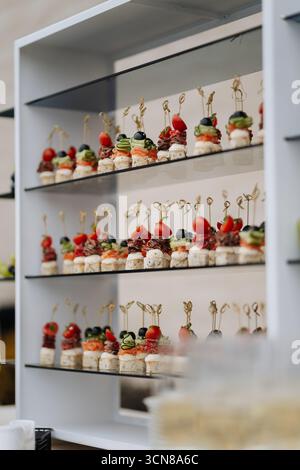 Élégants hors-d'œuvre gastronomique sur brochettes servis lors d'une réception de mariage ou de banquet de luxe Banque D'Images