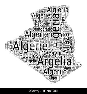 Nuage de mots noir et blanc en forme d'Algérie. Illustration de pays de style typographique simple. Nuage de texte noir Algérie simple sur fond blanc. Illustration de Vecteur