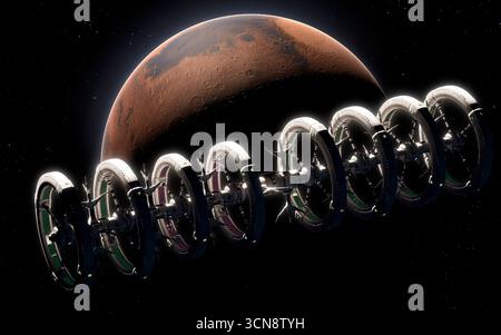 Illustration numérique d'une station spatiale fictive au-dessus de la planète mars. La station, appelée Rana, dispose de huit roues - deux à 33 km de diamètre, et deux plus petites à 26 km de diamètre. Les plus grands abritent des humains, tandis que les plus petits abritent une espèce extraterrestre dont la planète d'origine a une gravité inférieure. La gravité artificielle est créée en faisant tourner les roues. Banque D'Images