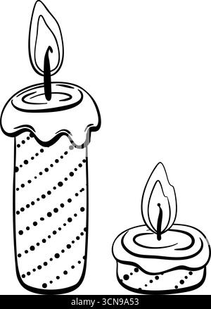 Deux bougies festives avec des flammes incandescentes dans un style artistique en ligne noir et blanc, parfaites pour les pages à colorier, les célébrations du nouvel an et le thème des fêtes Illustration de Vecteur