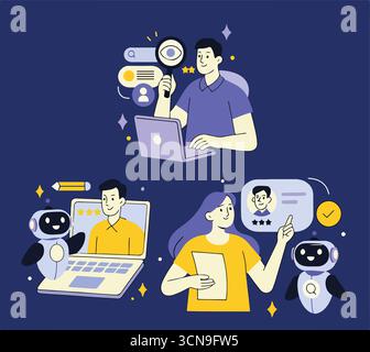 Titre : ensemble d'embauche. Les personnages utilisent la technologie de l'intelligence artificielle pour le processus de recrutement d'entreprises, la recherche d'emploi, l'entretien. Les recours humains conce Illustration de Vecteur