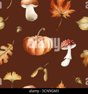 Champignons de citrouille feuilles d'automne graines de maïs. Aquarelle peint à la main motif sans couture de forêt florale sur fond brun conception d'automne Cozy Prints mignon h Banque D'Images