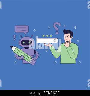 Concept de recherche. Personnage utilisant des outils génératifs d'intelligence artificielle pour la recherche ou la navigation sur Internet. Homme intégrant au robot. Concept SEO. Illustration de Vecteur
