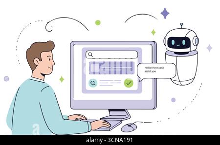Concept de recherche. Personnage utilisant des outils génératifs d'intelligence artificielle pour la recherche ou la navigation sur Internet. garçon intégrant avec robot. Concept SEO. Illustration de Vecteur