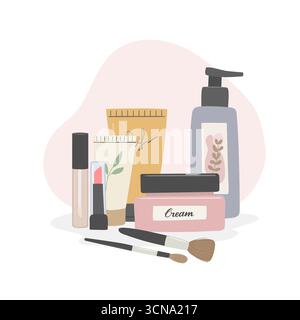 Composition avec des produits de beauté, ensemble cosmétique sur illustration vectorielle plate. Crème, rouge à lèvres, pinceaux, éléments de maquillage sur fond blanc. Soins de la peau a Illustration de Vecteur