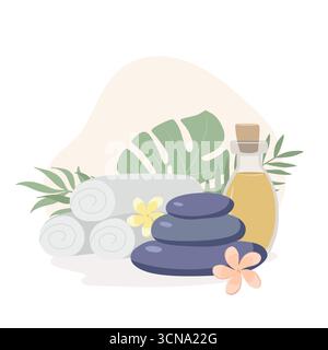 Composition avec pierres de massage, huile essentielle et serviettes sur fond blanc. Soin spa de beauté et illustration vectorielle plate de concept de détente. Illustration de Vecteur