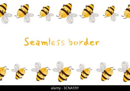 Bordure sans couture avec une abeille mignonne. Illustration d'aquarelle dessinée à la main. Banque D'Images