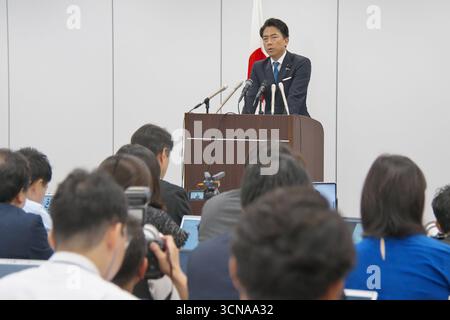 Tokyo, Japon. 20 septembre 2025. Le ministre japonais de l'Agriculture et fils de l'ancien premier ministre Junichiro Koizumi, Shinjiro Koizumi, parle lors d'une conférence de presse de sa candidature à l'élection présidentielle du Parti libéral-démocrate (PLD) au pouvoir à Tokyo, au Japon, le samedi 20 septembre 2025. Photo de Keizo Mori/UPI crédit : UPI/Alamy Live News Banque D'Images