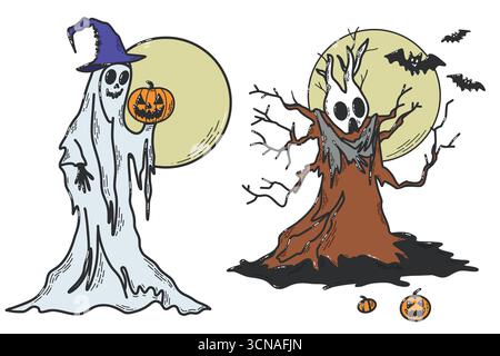 Fantômes d'Halloween avec citrouilles sous la pleine lune par Creepy Tree and Bats Illustration de Vecteur