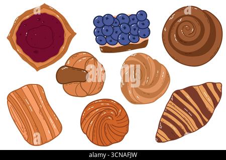 Pâtisseries et desserts variés, dont tarte aux baies, croissant, rouleau à la cannelle et pâtisseries danoises Illustration de Vecteur