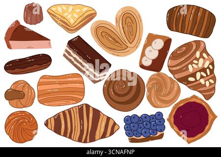 Assortiment de pâtisseries et de pâtisseries proposant croissants, viennoiseries, tartes et gâteaux Illustration de Vecteur