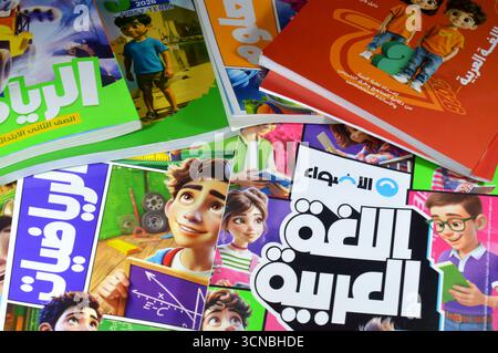 Le Caire, Egypte, 4 septembre 2025 : pile de livres éducatifs utilisés par les écoliers égyptiens, apprentissage, enseignement, livre éducatif concept soit numéro Banque D'Images