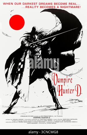 Vampire Hunter d (1985) réalisé par Toyoo Ashida et mettant en vedette Kaneto Shiozawa, Michie Tomizawa et Ichirô Nagai. Un sombre classique de l'anime fantastique dans lequel un chasseur à moitié vampire protège une jeune femme du maléfique comte Magnus Lee. Photographie d'une affiche américaine originale de 1985 À USAGE ÉDITORIAL EXCLUSIF. Crédit : BFA / Streamline Pictures Banque D'Images