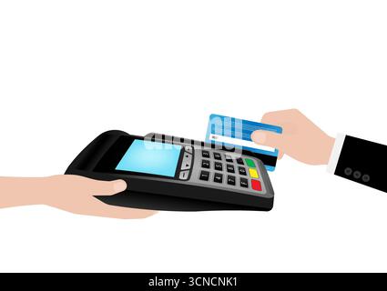 Main glisser la carte de crédit pour effectuer le paiement en utilisant POS - terminal de point de vente ou lecteur de carte de crédit machine. Illustration vectorielle. Illustration de Vecteur