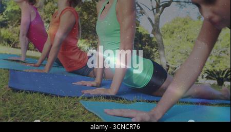 Se penchant vers le dos, quatre amis pressant les mains dans des tapis de yoga dans un parc herbeux, avec des vêtements athlétiques brillants Banque D'Images