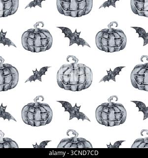Fond d'aquarelle sans couture pour halloween avec des citrouilles souriantes drôles et des chauves-souris à l'encre noire sur blanc dessiné à la main Banque D'Images