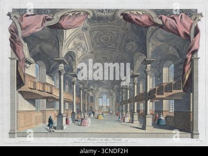 Gravure en couleur d'impression d'une vue intérieure de St Martins in the Field London en 1751 Thomas Bowles III perspective historique du XVIIIe siècle gravure aquarelle ancienne impression antique Banque D'Images